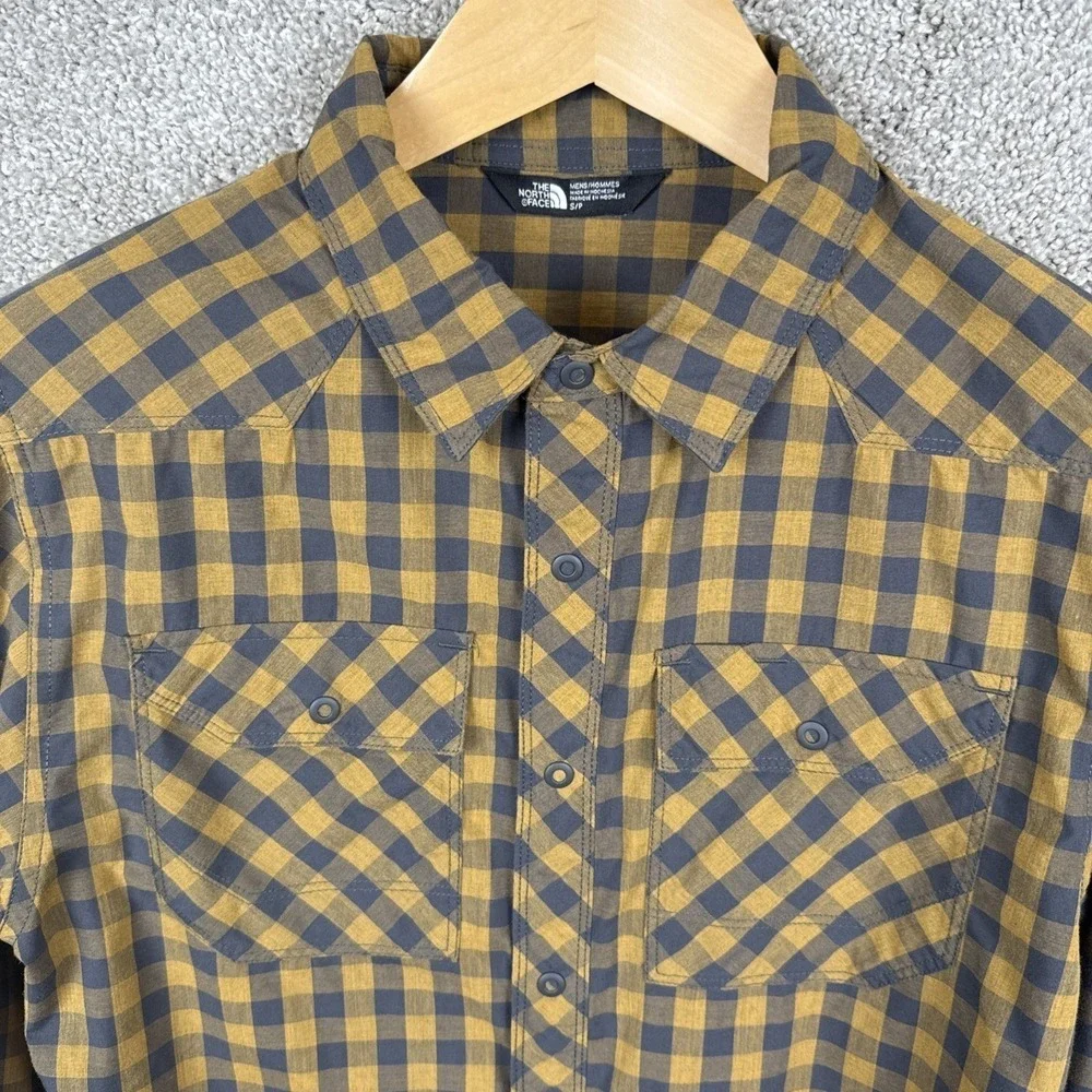 The North Face Mens Small Plaid Snap Front Western Shirt Yellow Grey Long Sleeve